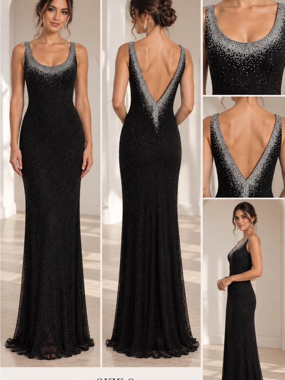 Elegant Black Sequin Scoop Neck Evening Gown